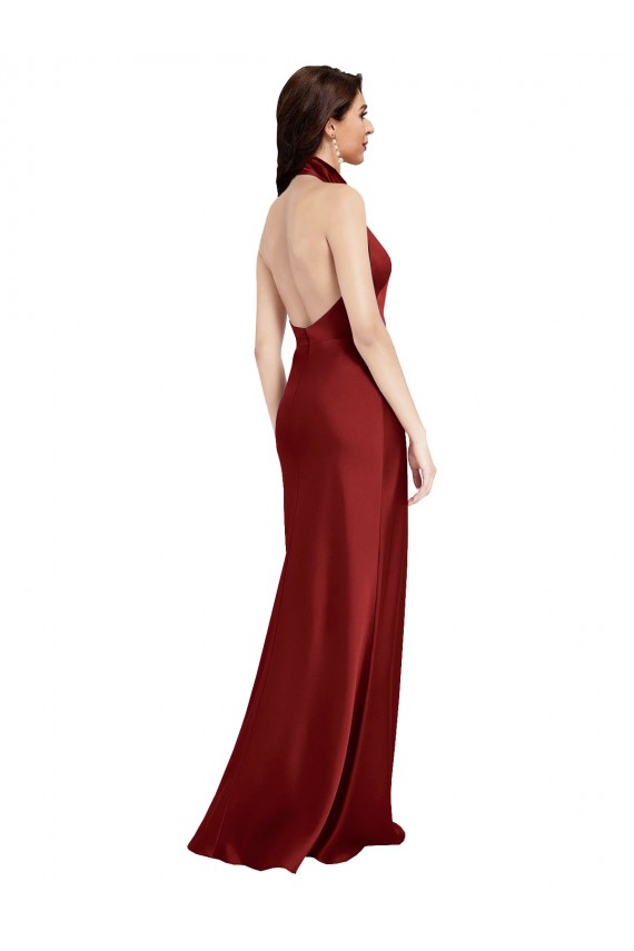 Backless Halter Long Stretch Satin Bridesmaid Dress UK