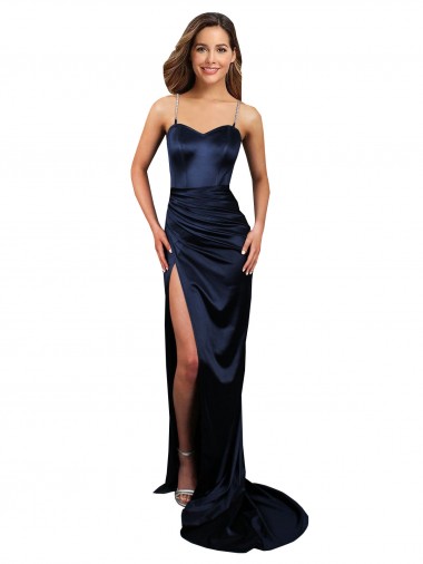 Pleated Sash Skirt Long Stretch Satin Bridesmaid Dress with High Slit UK