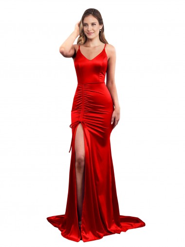 Long Pleated Stretch Satin Bridesmaid Dress with High Slit UK