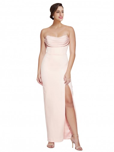 Cowl Neck Strapless Stretch Satin Bridesmaid Dress with High Split UK