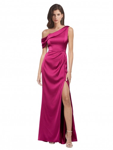 Off the Shoulder Short Sleeves Stretch Satin Bridesmaid Dress with Side Slit UK