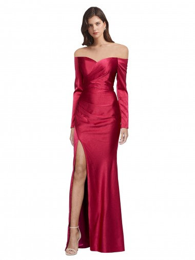 Long Sleeves Off the Shoulder Stretch Satin Bridesmaid Dress with High Side Split UK