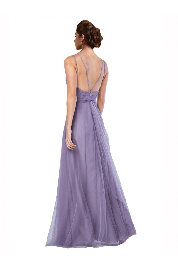 Flowy A-Line Tulle Bridesmaid Dress with Double Straps and V-Neck UK