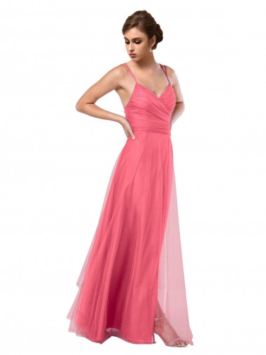 Flowy A-Line Tulle Bridesmaid Dress with Double Straps and V-Neck UK