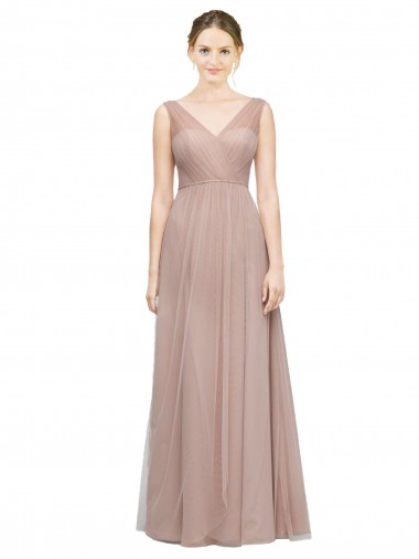 Full Length Draped Long V-Neck Tulle Bridesmaid Dress UK