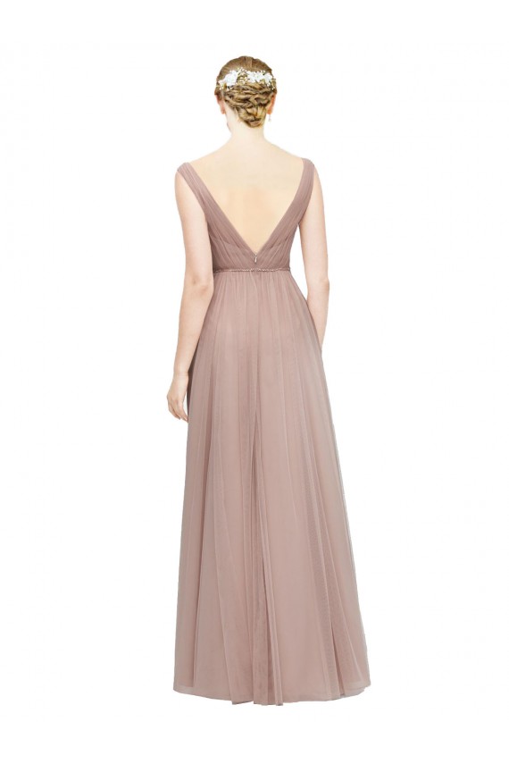 Full Length Draped Long V-Neck Tulle Bridesmaid Dress UK