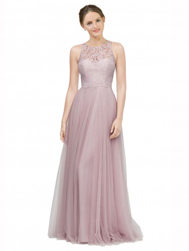 High Neck Long Tulle Bridesmaid Dress with Lace Bodice UK