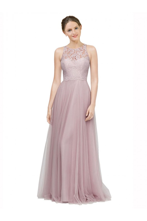 High Neck Long Tulle Bridesmaid Dress with Lace Bodice UK