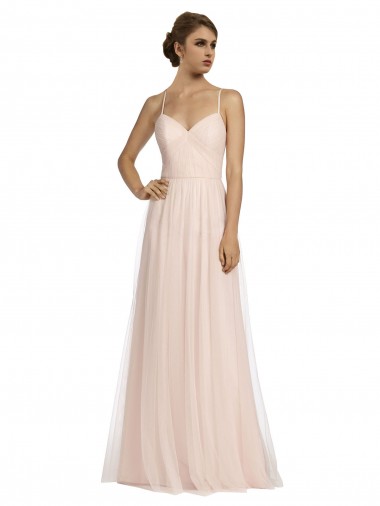 Long Draped Back A-Line Tulle Bridesmaid Dress with Pleated Bodice UK