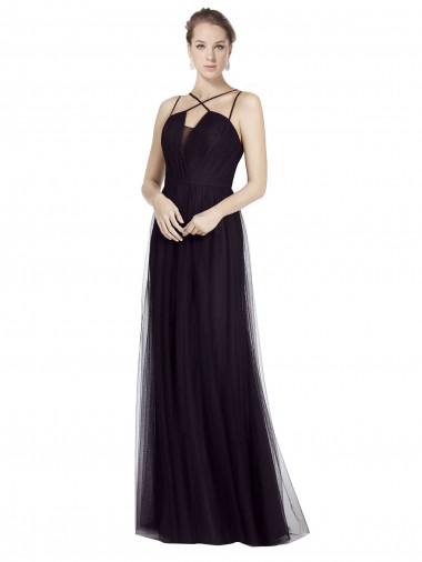 High Neck Long A-Line Tulle Bridesmaid Dress UK