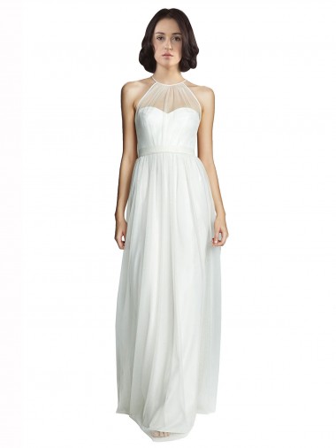 High Neckline Long Tulle Bridesmaid Dress with Illusion Front UK