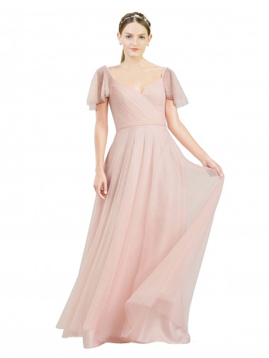 Long V-Neck Flutter Sleeves Tulle Bridesmaid Dress UK