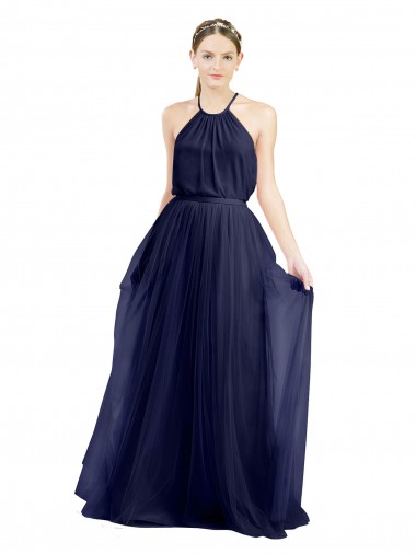 Long A-Line High Neck Halter Tulle Bridesmaid Dress UK