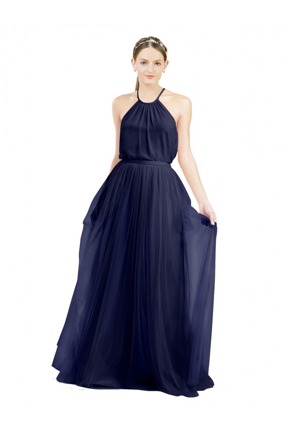 Long A-Line High Neck Halter Tulle Bridesmaid Dress UK