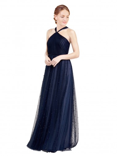 Floor Length Long Halter Pleated Tulle Bridesmaid Dress UK