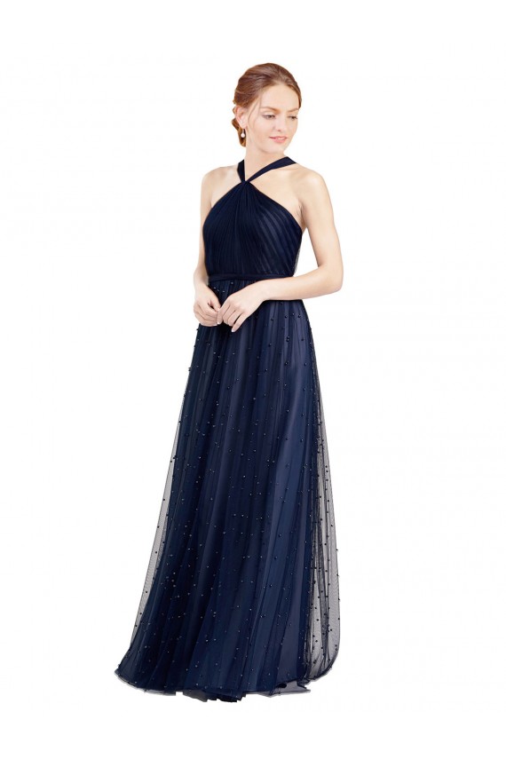 Floor Length Long Halter Pleated Tulle Bridesmaid Dress UK