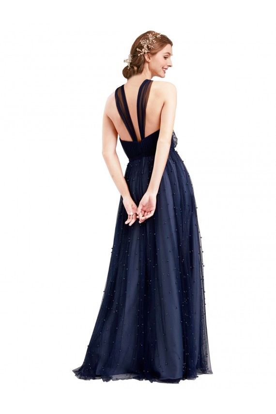 Floor Length Long Halter Pleated Tulle Bridesmaid Dress UK