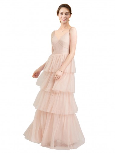 V-Neck A-Line Layered Long Tulle Bridesmaid Dress UK