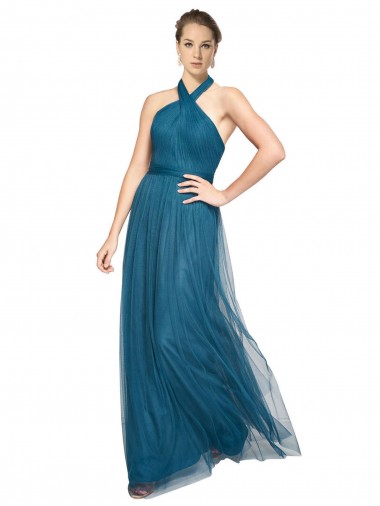 High Neck Halter Pleated A-Line Tulle Bridesmaid Dress UK