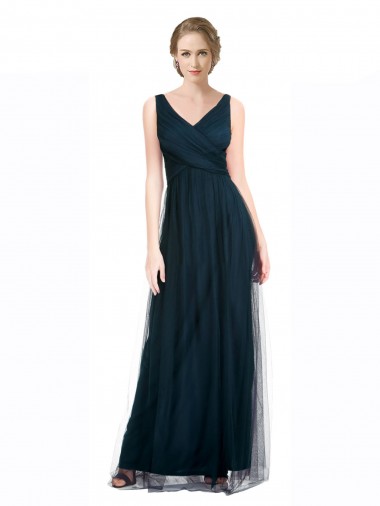 Full Length Long Tulle Bridesmaid Dress with V-Neck Criss-Cross Ruched Top UK