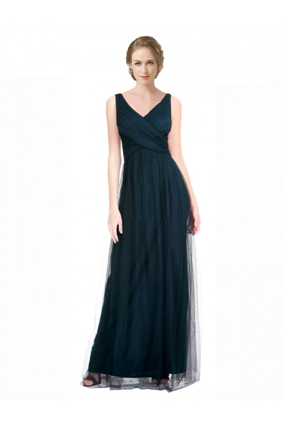 Full Length Long Tulle Bridesmaid Dress with V-Neck Criss-Cross Ruched Top UK