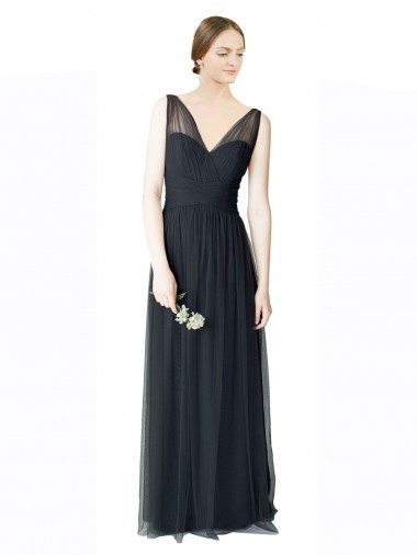 Long Tulle Bridesmaid Dress with Illusion Shoulder Straps and V-Back UK