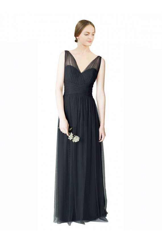 Long Tulle Bridesmaid Dress with Illusion Shoulder Straps and V-Back UK