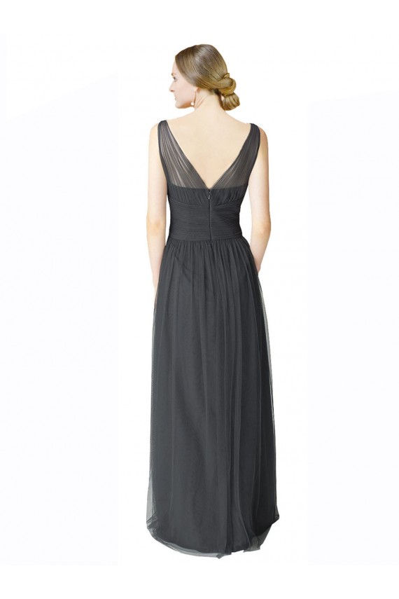 Long Tulle Bridesmaid Dress with Illusion Shoulder Straps and V-Back UK