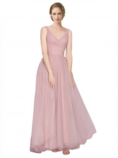 Long Floor Length Wide Strap Plunge Cross Over Neckline Tulle Bridesmaid Dress UK