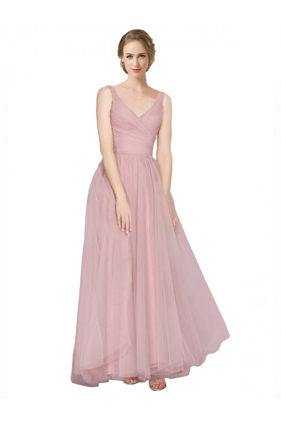 Long Floor Length Wide Strap Plunge Cross Over Neckline Tulle Bridesmaid Dress UK