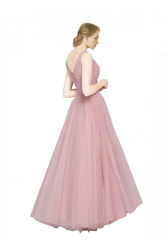 Long Floor Length Wide Strap Plunge Cross Over Neckline Tulle Bridesmaid Dress UK