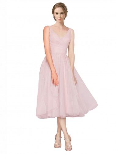 Short Tea Length Wide Strap Plunge Cross Over Neckline Tulle Bridesmaid Dress UK