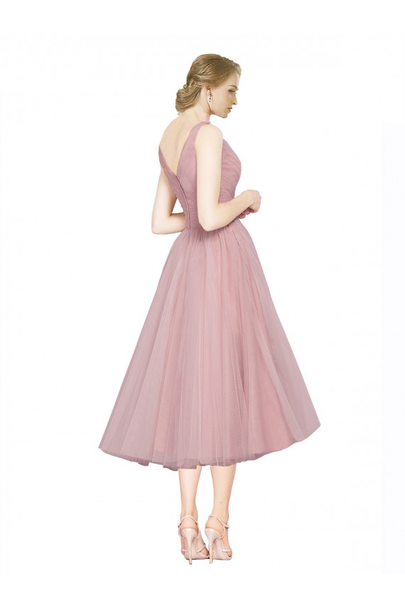 Short Tea Length Wide Strap Plunge Cross Over Neckline Tulle Bridesmaid Dress UK