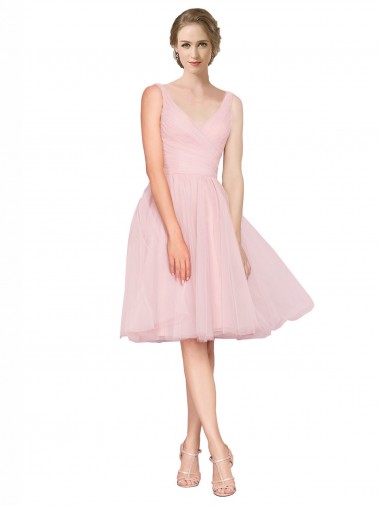 Short Knee Length Wide Strap Plunge Cross Over Neckline Tulle Bridesmaid Dress UK