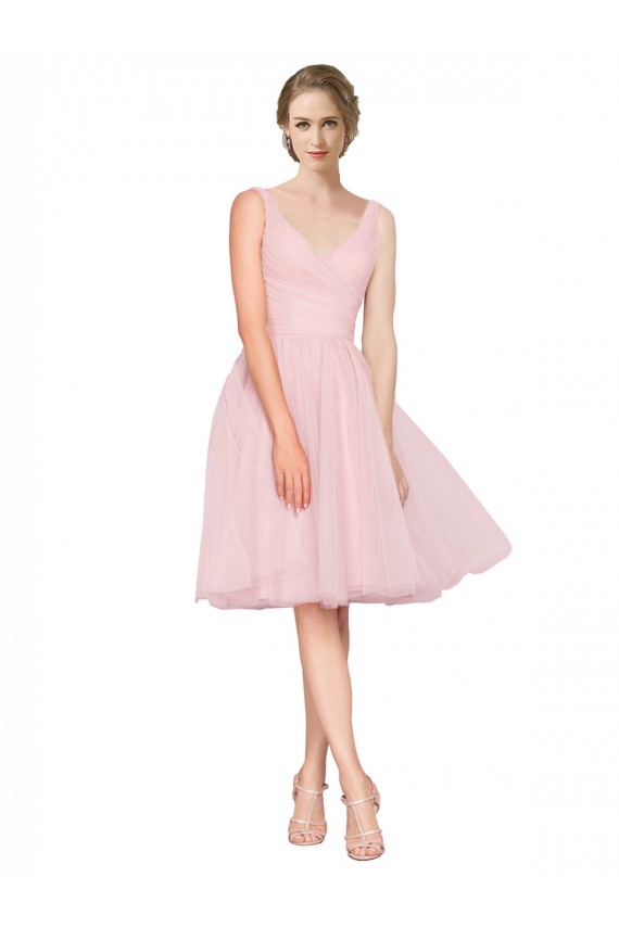 Short Knee Length Wide Strap Plunge Cross Over Neckline Tulle Bridesmaid Dress UK