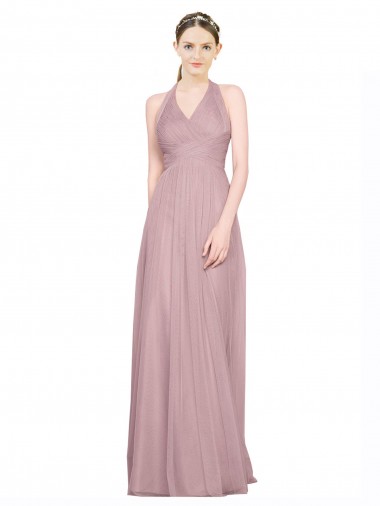 Ruffled Halter V-Neck Long Tulle Bridesmaid Dress with Pleats UK