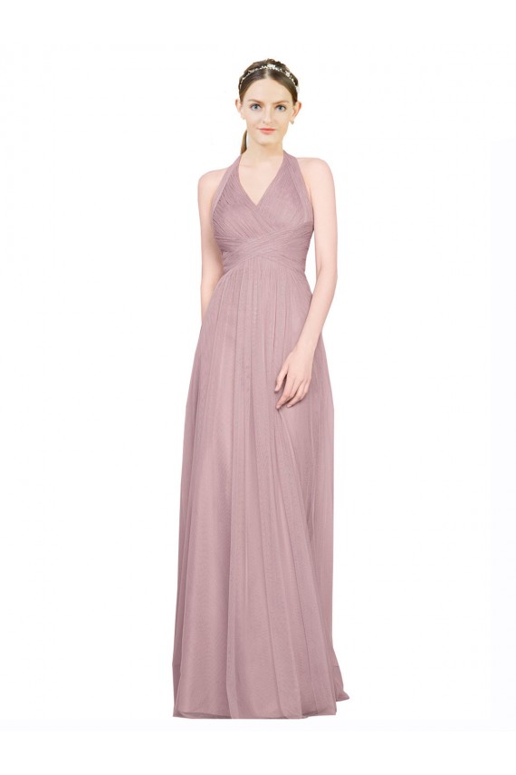 Ruffled Halter V-Neck Long Tulle Bridesmaid Dress with Pleats UK