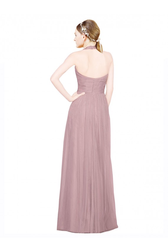 Ruffled Halter V-Neck Long Tulle Bridesmaid Dress with Pleats UK