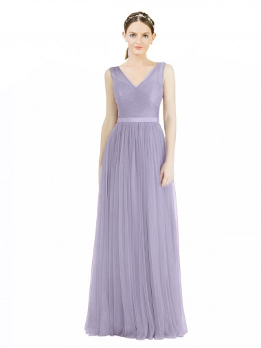 Wide Straps V-Neck Long Tulle Bridesmaids with Belt UK