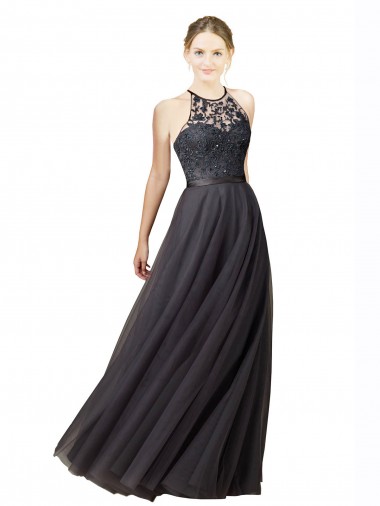 Sweetheart Neckline Long Sleeveless Tulle Bridesmaid Dress with Lace Bodice UK