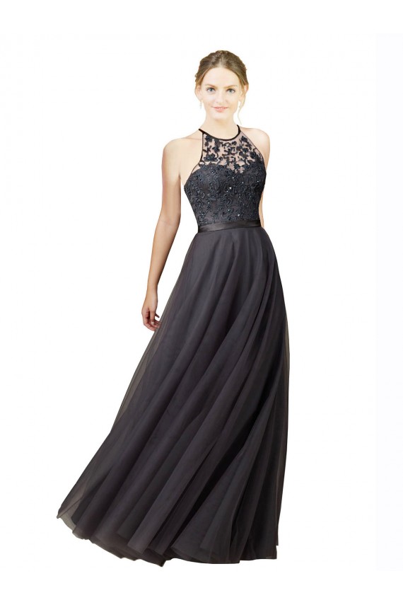 Sweetheart Neckline Long Sleeveless Tulle Bridesmaid Dress with Lace Bodice UK