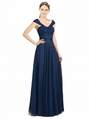 Ruched Sweetheart Long A-Line Tulle Bridesmaid Dress with Wide Straps and Tie Back UK