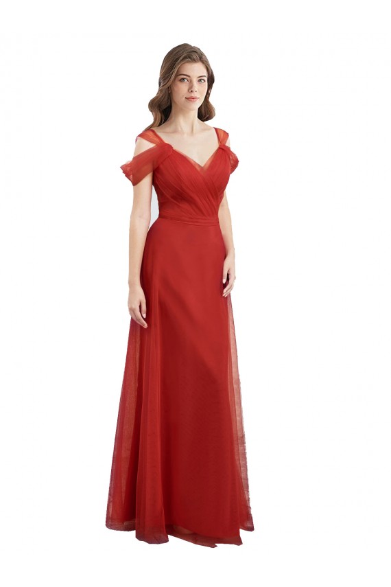 Cold Shoulder Pleated Wrap Tulle Bridesmaid Dress with Low V-Back UK