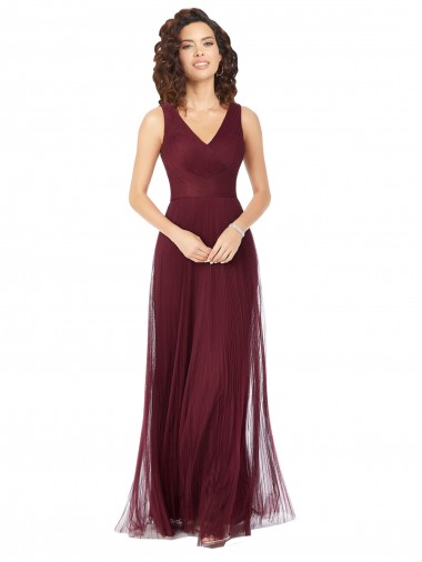 Long A-Line V-Neck Tulle Bridesmaid Dress UK