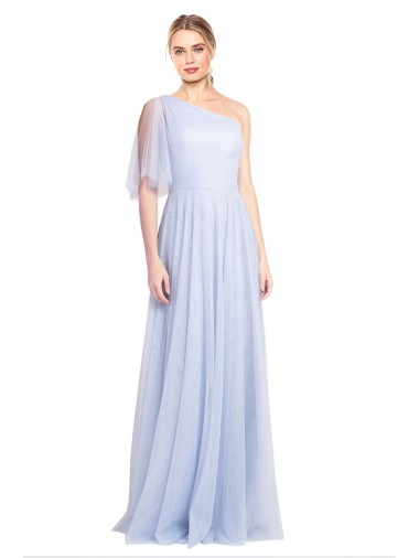 Flutter Sleeves One Shoulder Long Tulle Bridesmaid Dress UK