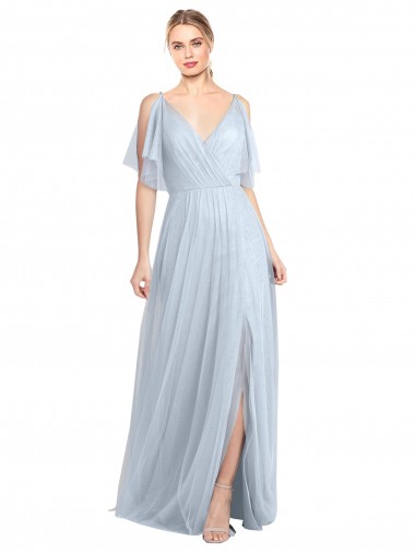 Floor Length Flutter Sleeves Long Tulle Bridesmaid Dress with Side Slit UK