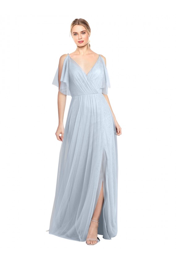 Floor Length Flutter Sleeves Long Tulle Bridesmaid Dress with Side Slit UK