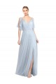 Floor Length Flutter Sleeves Long Tulle Bridesmaid Dress with Side Slit UK