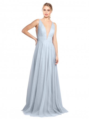 Plunging Deep V-Neck Long Tulle Bridesmaid Dress with V-Back UK