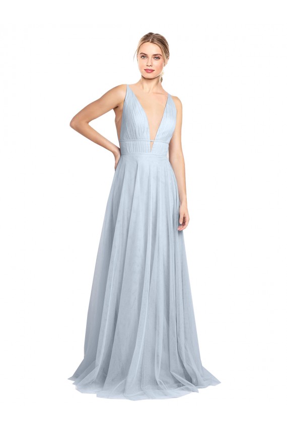 Plunging Deep V-Neck Long Tulle Bridesmaid Dress with V-Back UK